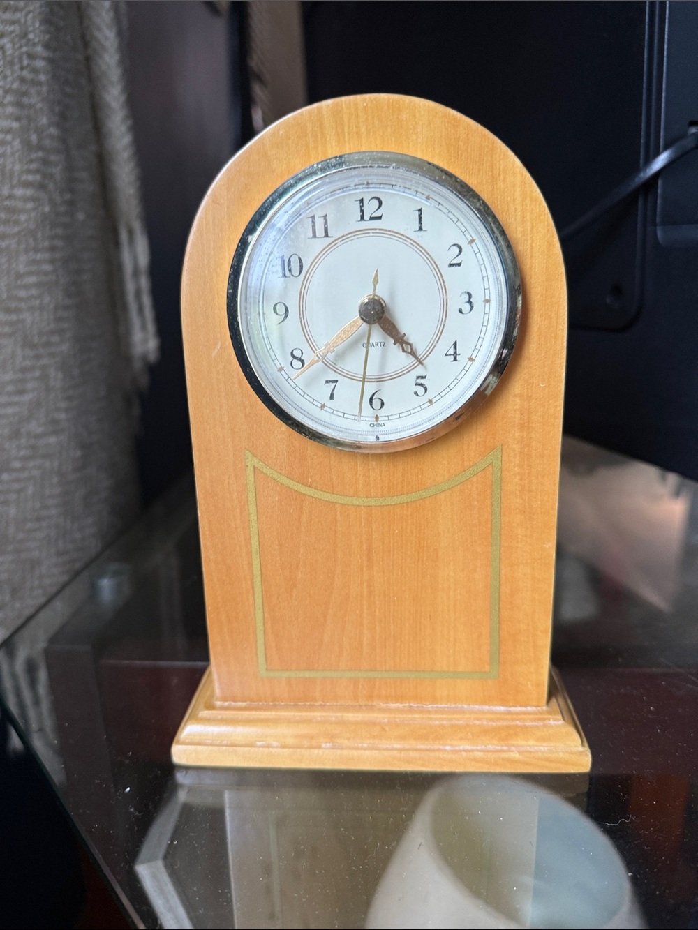 Classic Light Brown Wooden Mantel Clock with Gold Accents
